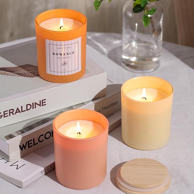 REISEN 12Pcs Assorted Orange Candle Jars for Making Candles, 10oz Glass Candle Containers with Bamboo Lids and Labels, DIY Candle Making Supplies