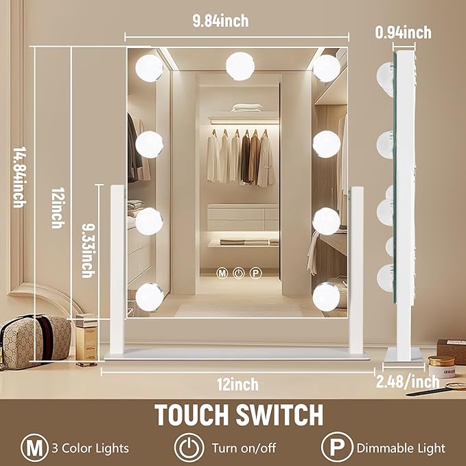 Ratsamee Hollywood Vanity Mirror with Lights, 9 Dimmable Bulbs, 3 Color Lights,Make Up Lighted Mirror, 10x Magnification 360°Rotation (12" x 14") White