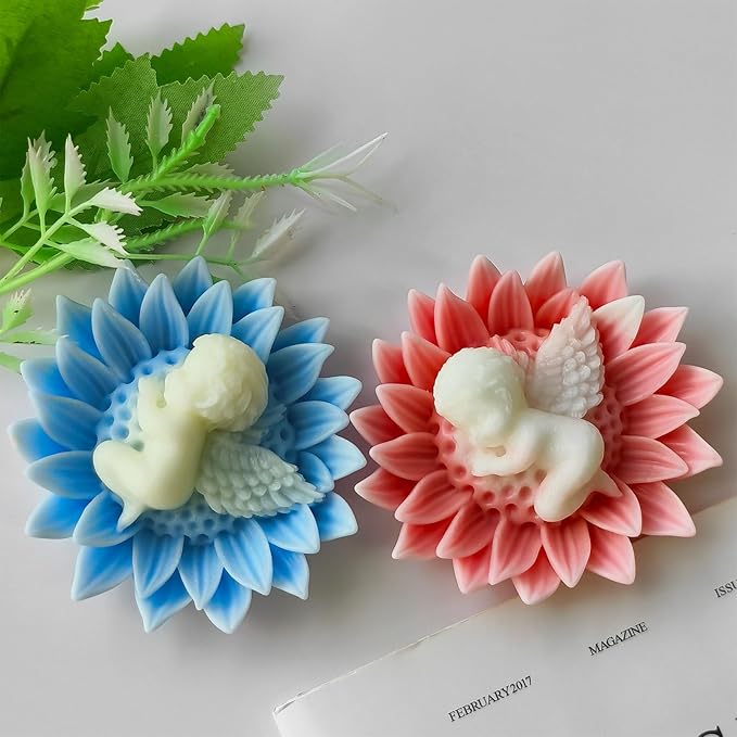 Flower Candle Molds for Candle Making, 3D Angel Baby in Sunflower Silicone Molds for Soap Making, Resin Casting, Aroma Candle, Wax, Plaster Polymer Clay Home Decor DIY Mother's Gift Baby Shower