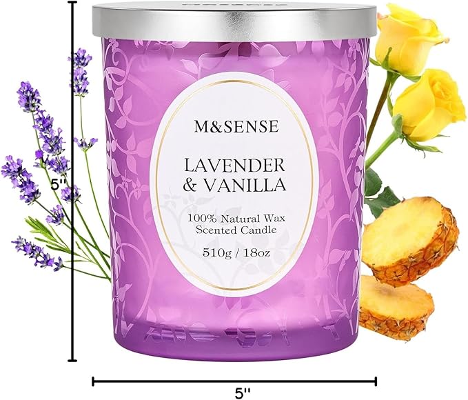 M&SENSE Lavender Vanilla Scented Candle, Cracking Wooden Wick Soy Wax, 18oz 100 Hours Long Lasting Clean Burn, Large Jar Candles for Home Decor, Non-Toxic Relaxing Aromatherapy Gifts for Women