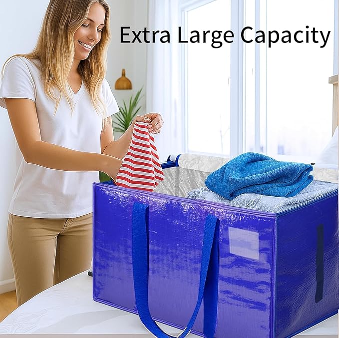 16 Pack-Extra Large Heavy Duty Moving Bags - Waterproof Storage Totes with Handles & Zippers, Foldable for College Dorm, Storage (Blue)