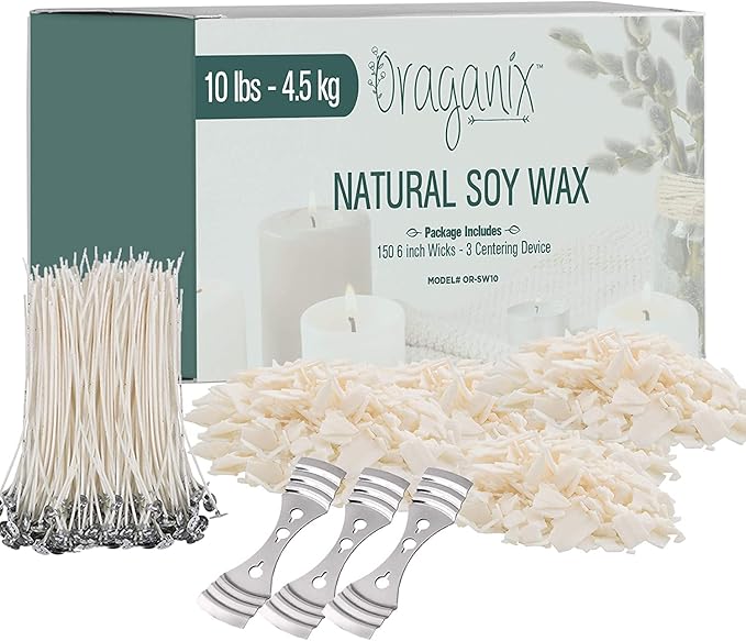 Oraganix 10 lbs Soy Wax DIY Candle Making Kit with 150 Pre-Waxed 6-Inch Wicks and 3 Centering Devices - Smooth Burning Wax for Craft Projects and Scented Project Creations