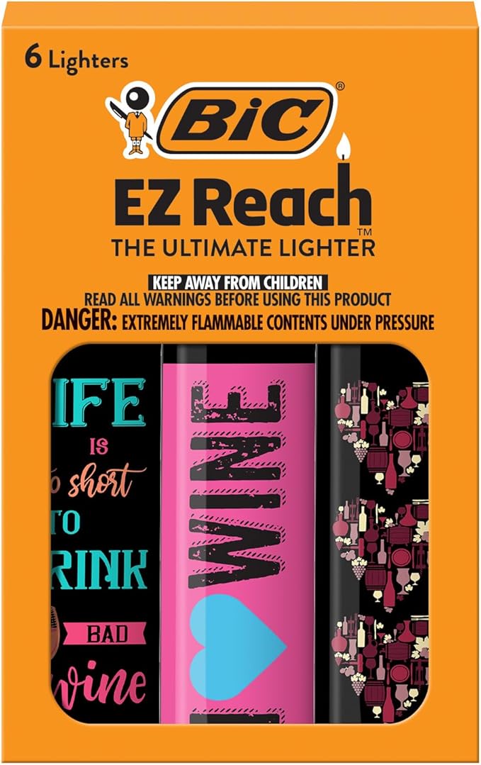 BIC EZ Reach Candle Lighter, The Ultimate Lighter with Wand for Candles, Counterculture, Shrooms, 420 Assorted Designs, 6 Count Pack of Lighters (Wine)