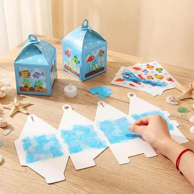 Simgoing 12 Sets Under The Sea Crafts with LED Candle Light DIY Summer Fish Fishbowl Tissue Paper Crafts Kits Make Your Own Under The Sea Party Aquarium for Summer Home Activities