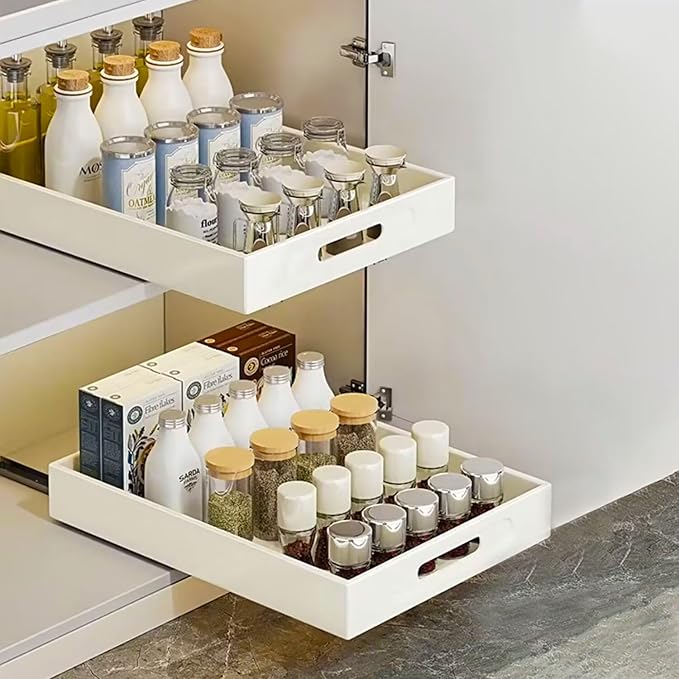 2 Pack Pull Out Cabinet Organizer, Adhesive Slide Out Drawer for Cabinets, Peel and Stick Pull Out Drawer Shelves, Multifunctional Drawer Organizers for Kitchen,Bathroom, Bedroom (White)