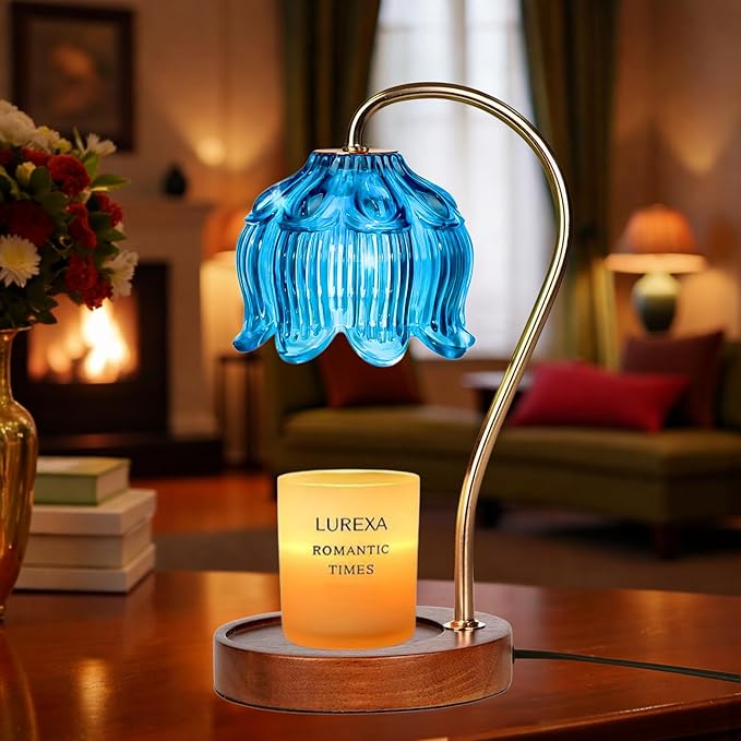 Candle Warmer Lamp with Timer, Dimmable Wax Melt Lamp for Large & Standard Jar Candles, Includes 2 GU10 Bulbs, Elegant Vintage Home Decor Gift for Women & Mom (A1-Blue Lotus)