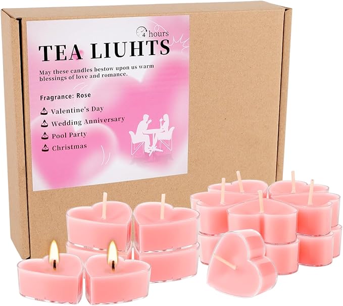 Valentine's Gift 50 PCS Heart Shaped Tea Light Candles, Rose Scented 4-Hour Burn Smokeless Tealights for Valentine's Day, Wedding Anniversary, Proposal&Romantic Decorations.