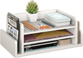 Ballucci 3-Tier Desk Organizer with 2 Side Mail Sorter Slots, Wood Letter Tray, Open Top Paper Organizer, Desktop File Organizer, White