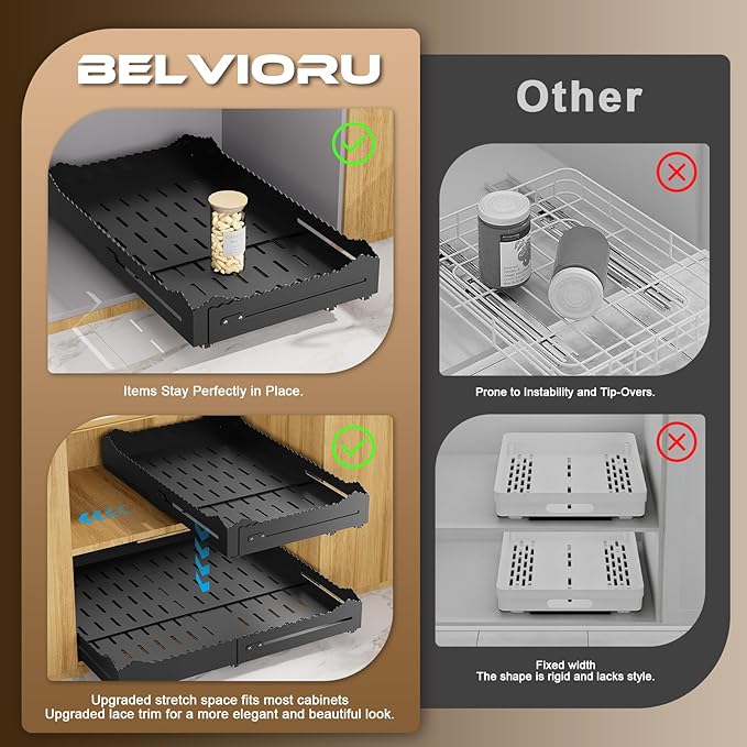 Pull Out Drawers for Cabinets, Expandable Pull Out Cabinet Organizer 11-18" Width,13-24" Depth, Roll out Shelves for Cabinets Without Lip, No Drill Adjustable Slide out Drawers for Kitchen & Pantry
