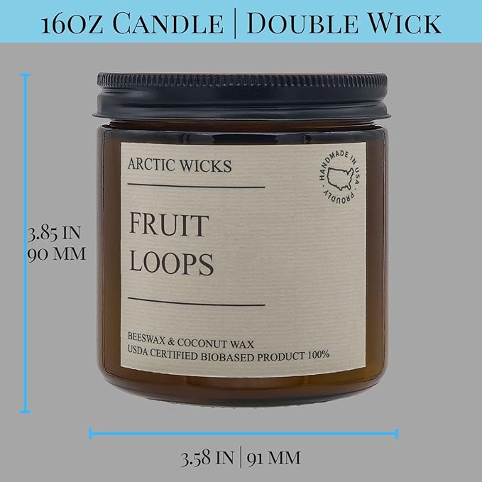 Fruit Loops 16oz Non-Toxic Candle - Arctic Wicks Coconut & Beeswax Candles, Clean Burning, USDA Biobased Certified, Citrus Fruit Scented Cereal Candles, Scented Like Your Favorite Breakfast Cereal