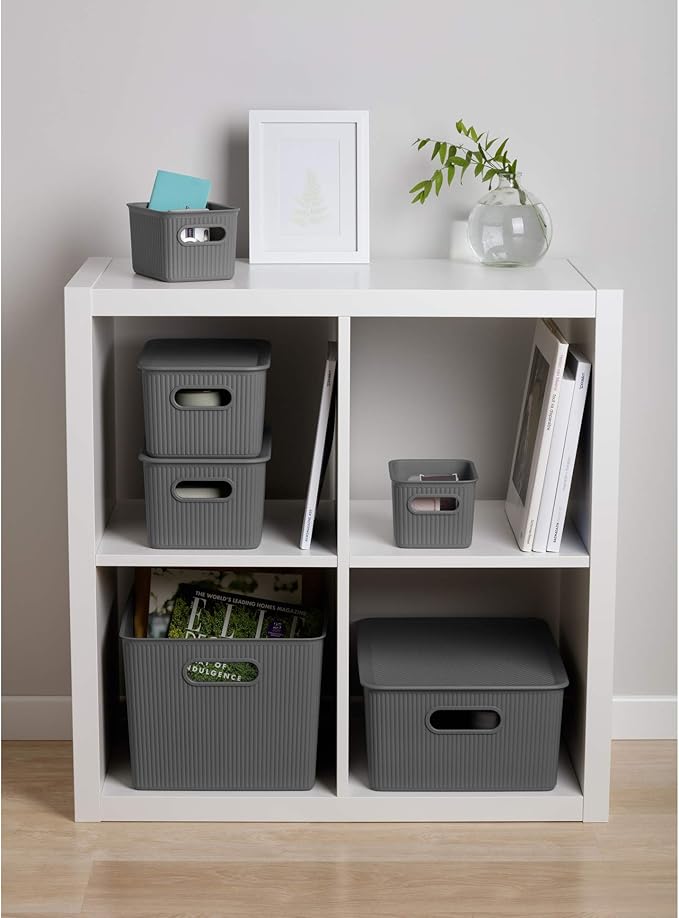 Superio Ribbed Collection - Decorative Plastic Basket Open Home Storage Bins Organizer, X-Large Grey (6 Pack) Container Boxes for Organizing Closet Storage Bins for Shelves 22 Liter/23 Quart