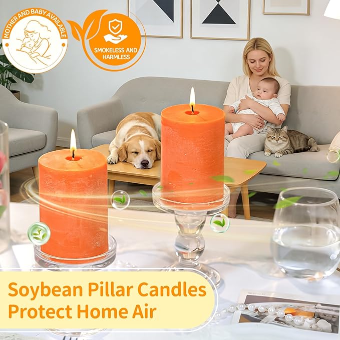 6 Pack Soy Pillar Candles,Natural Soybean Pillar Candles,330 H Long Lasting Burning-Unscented,Dripless and Smokeless Rustic Burnt Orange Hand-Poured Candles Dinner Table,for Wedding,Home 2.8x4in