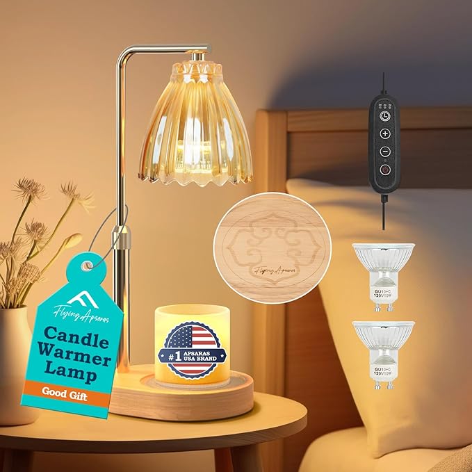APSARAS USA Candle Warmer Lamp with Timer,Adjustable Height Candle Warmer,Dimmable, Home Decor,Wax Warmer Lamp for Jar Candles with 2 Bulbs and Life Flower Wooden Base,Gift Box for Her/Him (TD1283)