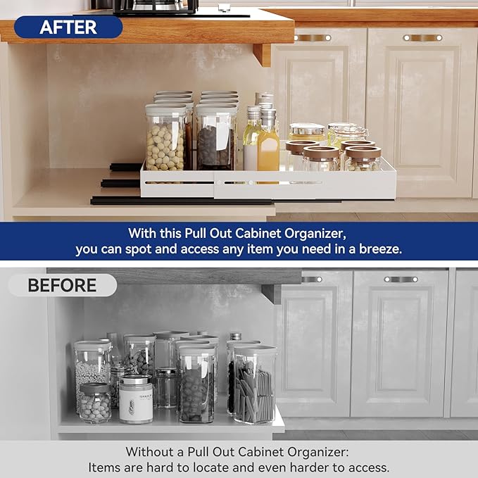 Pull out Cabinet Organizer, Full Metal Expandable Width (12.6"-20.8") & Depth (16"-24.4") Adjustable Slide out Drawers, No Drill Adhesive Roll out Shelves for Kitchen Pantry, White