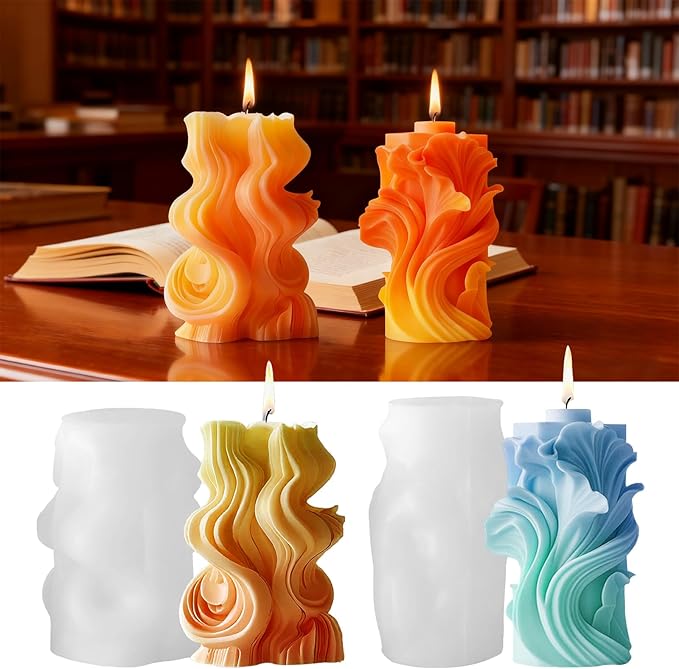 2 PCS 3D Wave Cylinder Candle Silicone Molds Geometric Relief Cylindrical Candle Silicone Mold for Candles Making Aromatherapy Candles Gypsum Clay Home Decorate