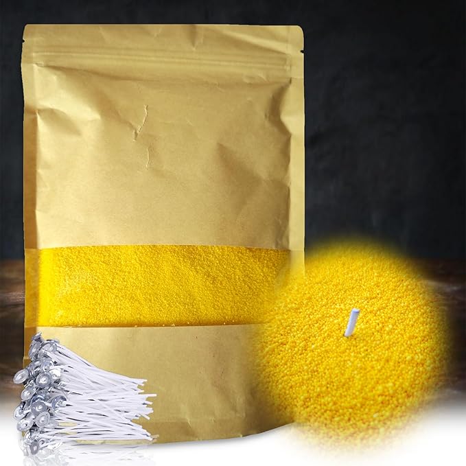 DRMAISON Pearled Candle Wax Sand DIY Kit - 17.6 oz, Golden Yellow, Non-Toxic&Smoke-Free, Refillable with 30 Wicks, Long-Lasting Flame, Highly Customizable for Wedding, Party&Holiday Decor