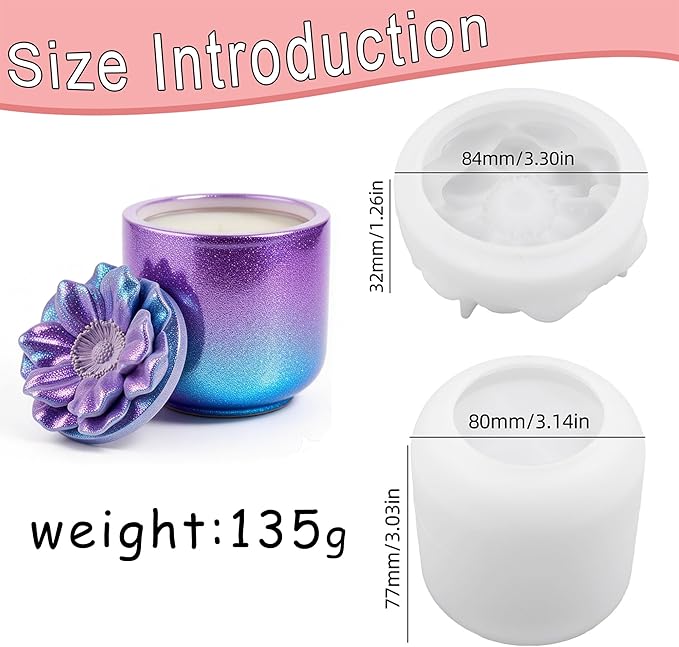 1Pc Jar Epoxy Resin Casting Mold with Poppy Flower Lid Jewelry Storage Box Container Silicone Mold for DIY Plant Flowerpot Vase Candle Holder Concrete Art Craft Home Decor Polymer Clay