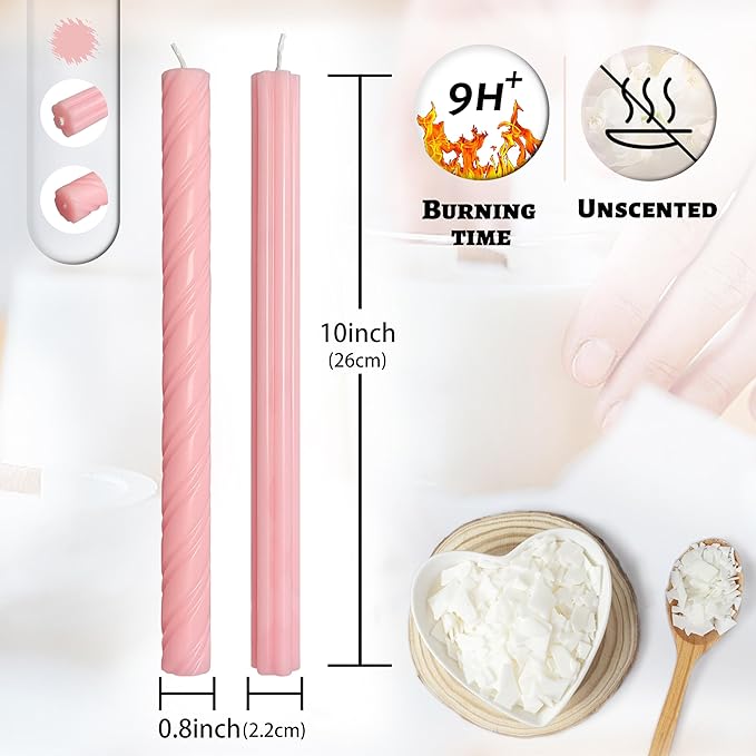 Dripless Unscented Pink Spiral Taper Candles Smokeless Long Lasting Burn 10 Inch Elegant Roman Column Candlesticks for Home Wedding Decorations