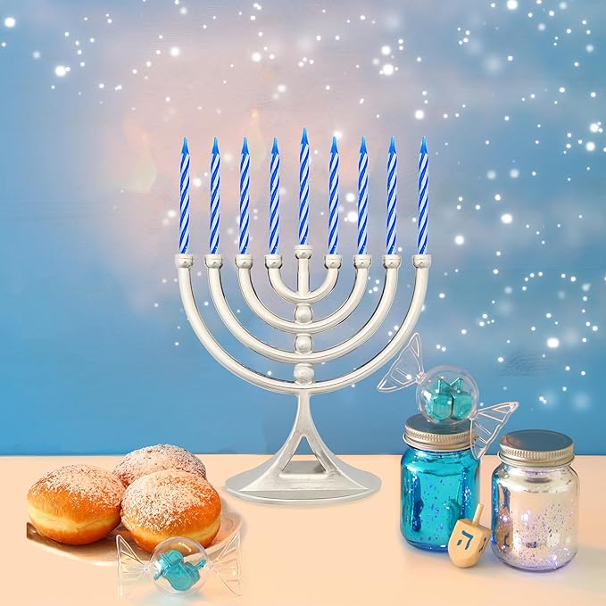 The Dreidel Company Hanukkah Silver Mini Menorah with Candles Classic 5 inch Great for Travel, Hanukkah Decor Centerpiece
