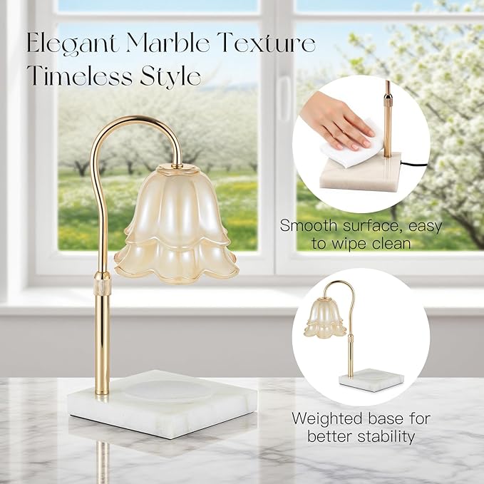 Candeldo Candle Warmer Lamp with Timer: Flower Candle Warming Lamp with Marble Base Height Adjustable Wax Warmer Dimmable Modern Kitchen Bathroom Decor Mom Birthday Gift for Grandma