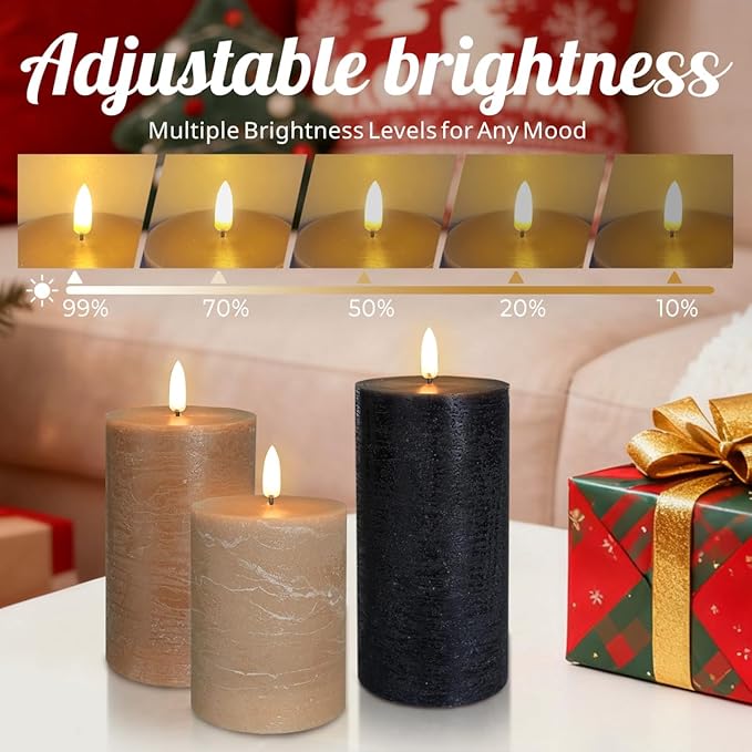 Rechargeable Flameless LED Pillar Candles–Luminous Real Wax Indoor Home Decor–Set of 3, Realistic Flickering LED Flame,Remote & Timer, USB-Rechargeable（Caramel Beige）