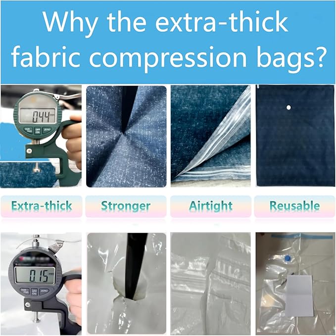 12-Pack Heavy Duty Vacuum Storage Bags with Hand Pump Included, 3 Jumbo+3 Large+3 Medium+3 Small(for Luggage) Sizes, Reusable Oxford Ripstop Vacuum Seal Bags for Home Storage, Travel