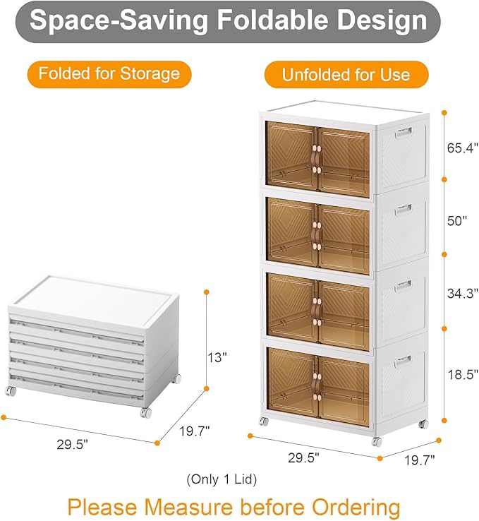Stackable Storage Bins with Lids, 640QT Closet Organizers and Storage with Doors and Wheels, Extra Large Storage Cabinet, Collapsible Plastic Drawers for Bedroom Dorm Office