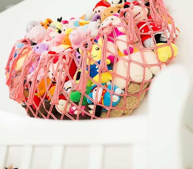 Large Stuffed Animal Net or Hammock for Flat Wall Mounted Handmade Macrame Toy Hammock Plush Display (Pink)