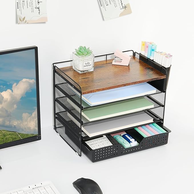 LEKETREE Desk Organizers and Accessories, 5-Tier Paper Letter Tray Organizer with Drawer & 2 Pen Holders, Desktop Organizer for Office Supplies (Wood)