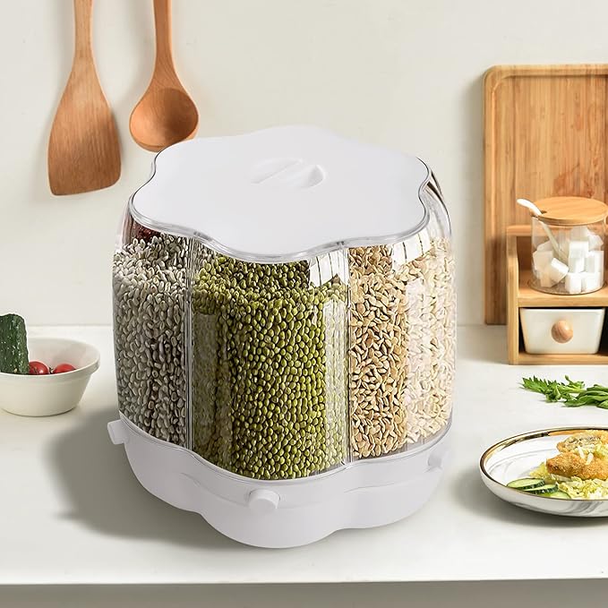 Rotating Grain Dispenser, Round Multigrain Tank Cup 6-Compartment Rice and Bean Dispenser, 17.64lb Cereal Grain Dispenser for Store Rice, Red Beans, Yellow Beans, Black Beans
