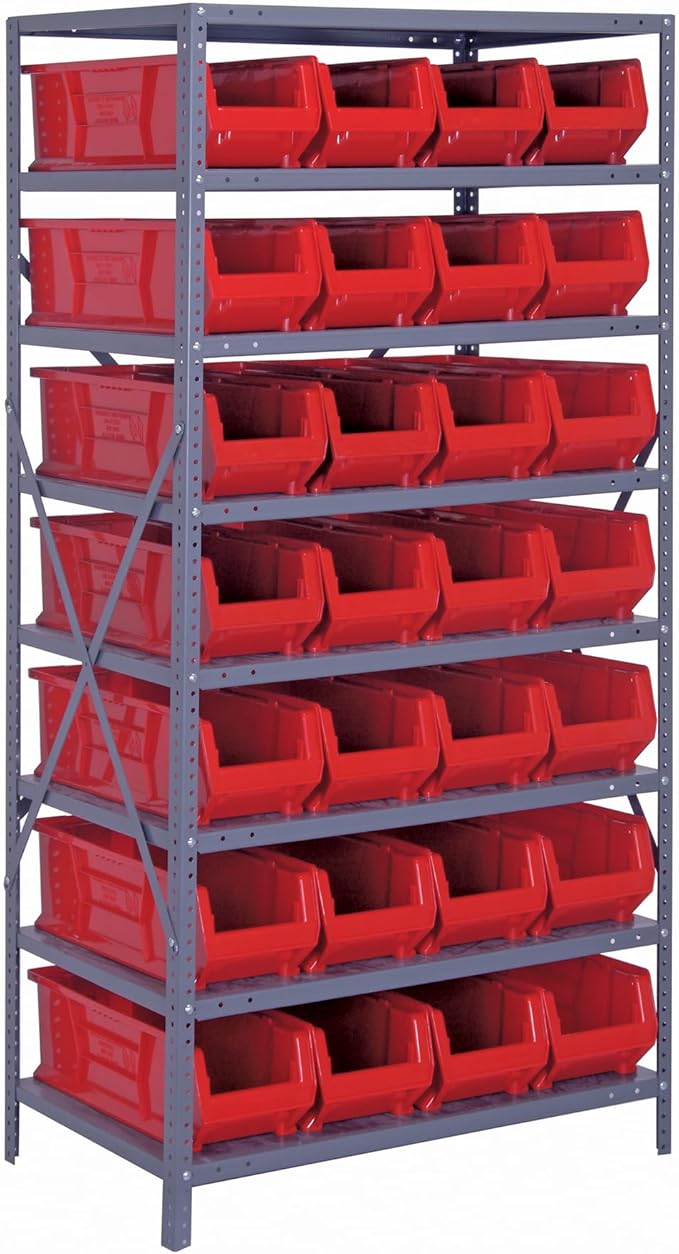 Quantum 2475-950RD Heavy Duty Shelving Unit with (8) Shelves and (28) QUS950 Red Bins for Industrial Warehouse Storage Distribution | 400 lbs Capacity | 24"D x 36"L x 75"H, Galvanized Carbon Steel