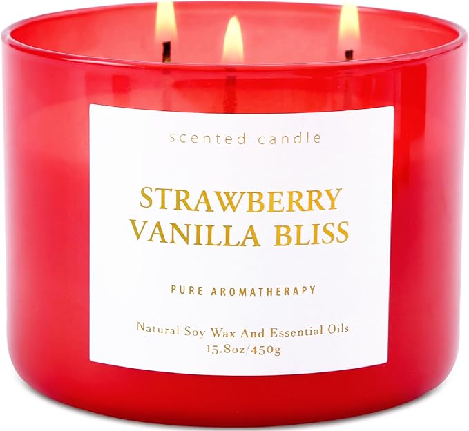Strawberry Vanilla Bliss 3-Wick Soy Scented Candle 15.8 oz | Large Berry Vanilla Candle for Home | Relaxing Aromatherapy Stress Relief Candle | Long-Lasting, Clean Burning Candles Gift for Women & Men