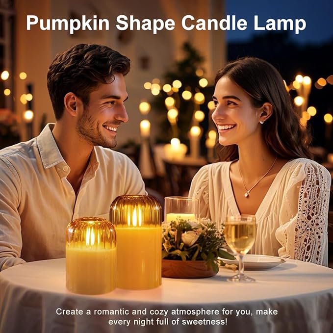 Rechargeable Jar Flameless Candle, Flashing LED Pillar Christmas Candle with Remote Control and Timer, Gold Pumpkin Glass Electronic Candles for Room Decoration, 1 Set of 3