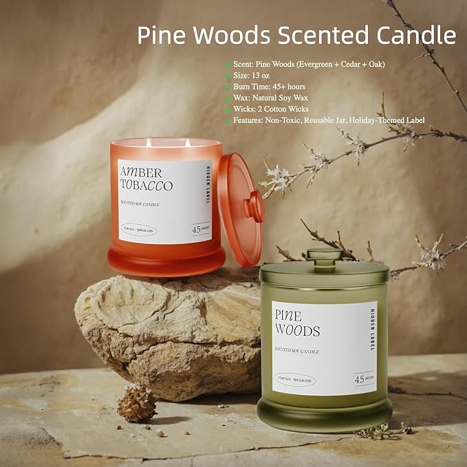 Hidden Label Pine Woods Scented Candle, 13oz Double Wick Soy Wax Candles for Home Scented, Fresh Christmas Tree & Balsam Fir Aroma | 45H Clean Burn Holiday Candles for Winter Decor & Gifts for Women