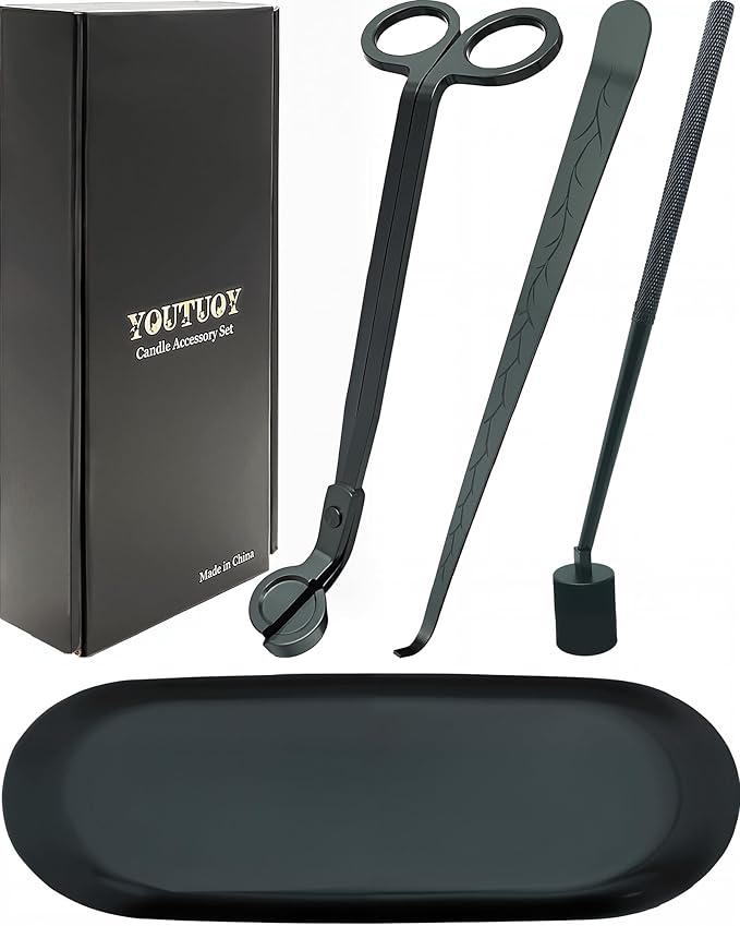 YOUTUOY 4 in1 Candle Accessory Set with Storage Tray Plate, Candle Wick Trimmer, Candle Wick Snuffer, Candle Wick Dipper, Great for Scented Candles Lovers (Matte Black)