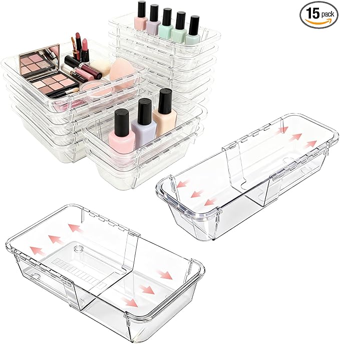 15 Pcs Extendable Drawer Organizer, 2 Sizes Adjustable Makeup Organizer For Drawer, Bathroom Drawer Organizer Tray, Clear Acrylic Vanity Storage Bin for Makeup, Cosmetic, Desk Drawer Organizer