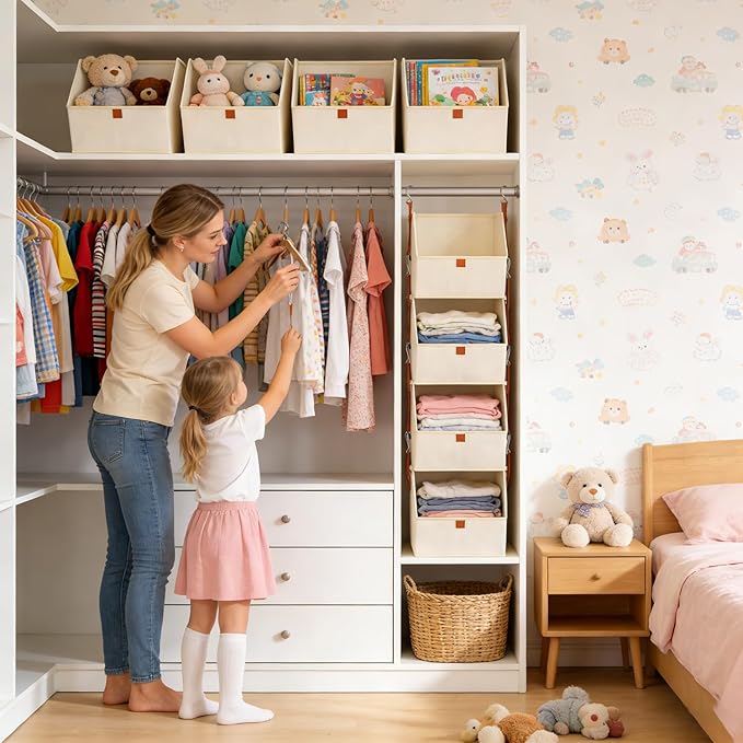 Hanging Closet Organizer 4 Tier, Clothes Hanging Shelves with Foldable Storage Baskets, Space-Saving Closet System for Bedroom, Home, Dorm, RV, Hat, Bags, Shoes