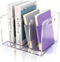 4 Vertical Compartments Clear Acrylic Magazine & File Holder – Multipurpose Desk Organizer for Office, Tablets, Magazines, Books – Documents/Home/Classroom Rack