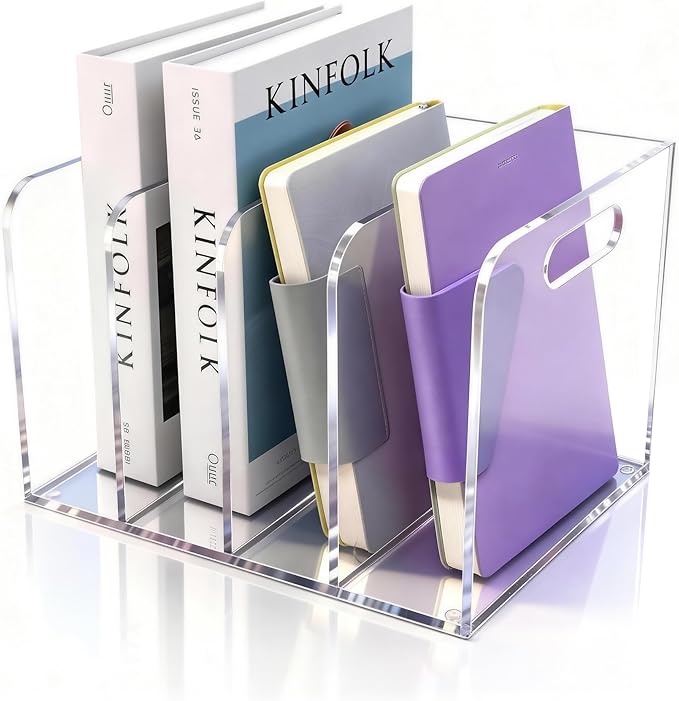 4 Vertical Compartments Clear Acrylic Magazine & File Holder – Multipurpose Desk Organizer for Office, Tablets, Magazines, Books – Documents/Home/Classroom Rack