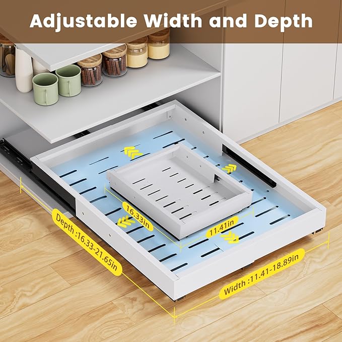 2 Pack Pull Out Cabinet Organizer, Expandable Width (11.4"-18.9") Depth (16.3"-21.7") Pull out Drawers for Cabinets with 3 Rails, No Drill Adhesive Film or Nail Slide out Drawers for Kitchen, Pantry