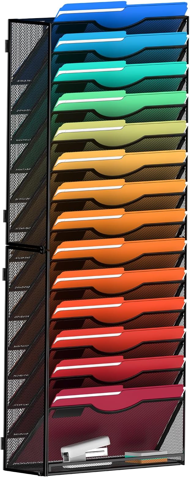 MINDEPOT 15 Tier Wall File Holder Hanging Wall File Organizer for Papers Mails Folders Document Magazine Organization, for Office School Home, Black