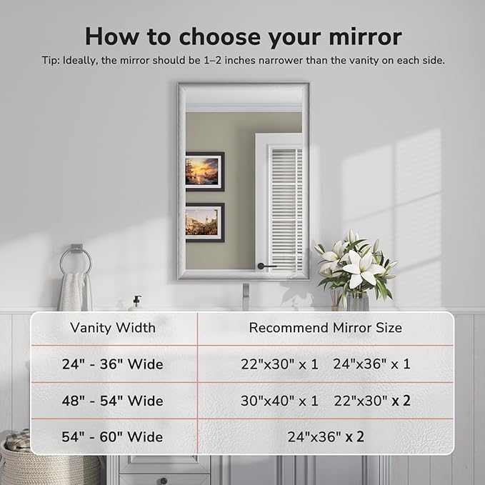 USHOWER 2 Pack Brushed Nickel Bathroom Mirrors for Over Sink 24x36 Inch, Metal Framed Rectangle Vanity Mirror for Wall, Bedroom, Living Room, Entryway, Anti-Rust, HD Tempered Glass,Horizontal/Vertical
