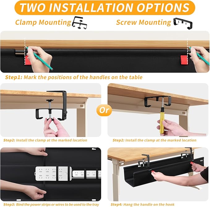 Under Desk Cable Management Tray with Clamp, No Drill 36" Cord Organizer for Desk, Desk Cable Management Fabric Tray for Standing Desks, Ideal for Home & Office - Black