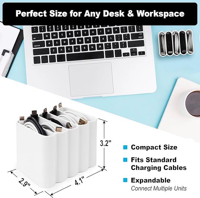 Cable Management Organizer Cord Management, Multiple Slots for Home, Office, Desk, Workshop, Durable Plastic Connectable Cable Organizer, Tangle-Free, Expandable Storage, White