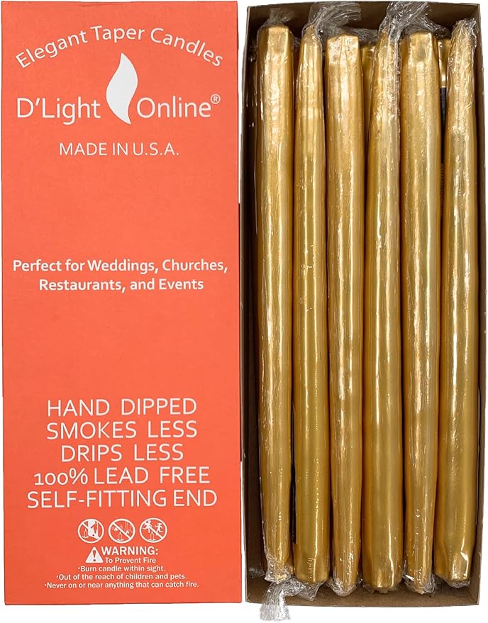 D'light Online Elegant 12" Unscented Metallic Gold Taper Candles, Premium Quality Hand-Dipped Tapered Candles, Dripless and Smokeless - Set of 12 (12 Inch, Metallic Gold)