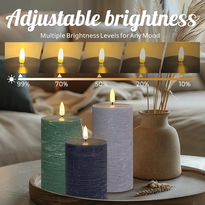 Rechargeable Flameless LED Pillar Candles–Luminous Real Wax Indoor Home Decor–Set of 3, Realistic Flickering LED Flame,Remote & Timer, USB-Rechargeable（Verdant & Ash Tones）