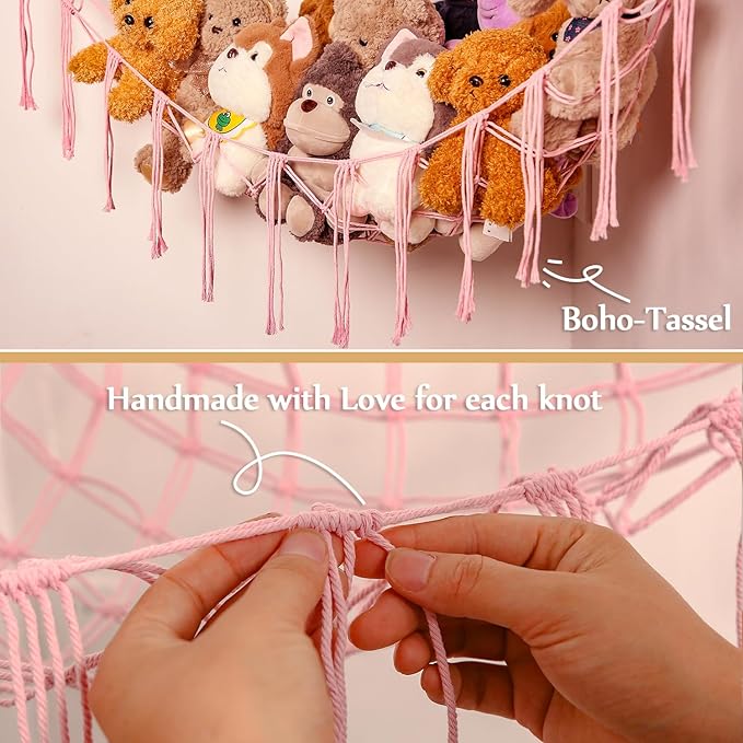 YKBU Stuffed Animals Hammock Corner Hanging Net with Wooden Beads Macrame Stuffed Animal Storage Ideas Plush Holder Toy Organizer for Boho Nursery Playroom Bedroom Kids Room Décor (light pink, Large)