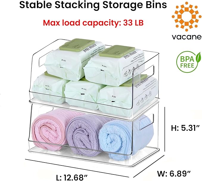vacane 13" Wide Stackable Storage Bins Open Front, Towel Storage Shelf Snack Organizer Basket for Household Cabinets, Pantry, Kitchen, Bathroom, 2 Pack