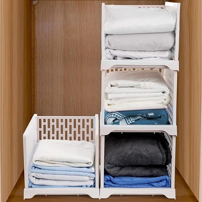 AVLA 4 Pack 38" Stackable Plastic Storage Basket, Plastic Foldable Closet Organizer Storage Bins, Wardrobe Storage Box Clothes Drawer Shelf Container for Cupboard Bedroom Dorm Bathroom Kitchen Office