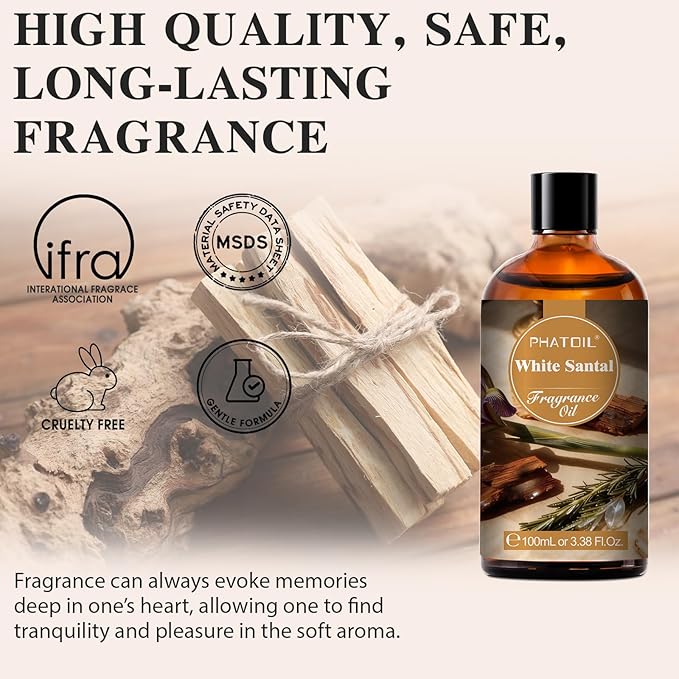 PHATOIL 3.38FL.OZ White Santal Fragrance Oils for Aromatherapy, Essential Oils for Diffusers for Home, Perfect for Diffuser, Yoga, Skin Care, DIY Candle and Soap Making - 100ml